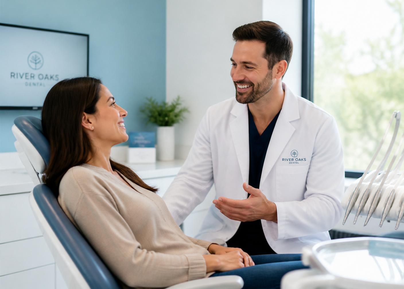 Dentist warmly greeting a patient in a modern operatory